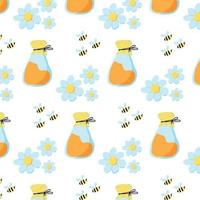 Hand-drawn seamless pattern with honey jar, flowers and bees. Cute bright pattern with honey. vector