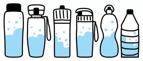 conjunto de botellas de agua dibujadas a mano. un conjunto de botellas hechas de plástico o vidrio reutilizables. vector