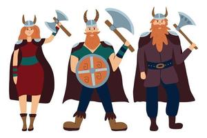 conjunto vectorial de vikingos con hachas. conjunto infantil de personajes vikingos. vector