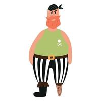 ilustración vectorial de un lindo pirata macho con barba roja. un pirata con muleta en lugar de pierna. vector