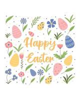 Cute Easter card. Vector illustration. Easter card with Easter eggs and flowers. Hand drawn postcard.