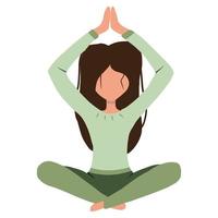 la mujer está sentada en posición de loto. hago yoga. mujer joven en pose de yoga haciendo meditación, práctica de atención plena, disciplina espiritual en casa. vector