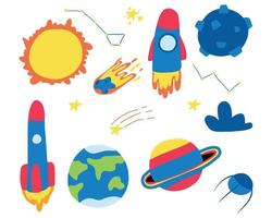 Vector hand-drawn set of space objects. Set of planets, rockets, constellations.