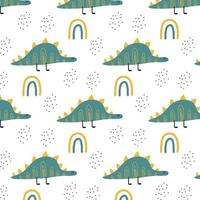 Childish pattern with green dinosaur and rainbow. Dino pattern in green-yellow colors. Suitable for fabrics, wrapping paper, prints. vector