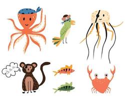 Vector set of childrens pirate animals. A set of pirate pets. Octopus, parrot, jellyfish, monkey in pirate costumes.