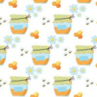 Hand-drawn seamless pattern with honey jar, flowers and bees. Cute bright pattern with honey. vector