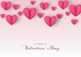 Happy valentines day card with paper heart on pink background and copy space. Vector illustration.