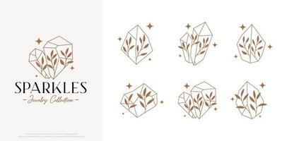 set of gemstone logo with foliage ornament design vector