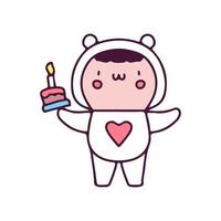 bebé kawaii disfrazado de animal sosteniendo garabato de dibujos animados de pastel de cumpleaños. ilustración para camisetas, afiches, logotipos, pegatinas o prendas de vestir. vector