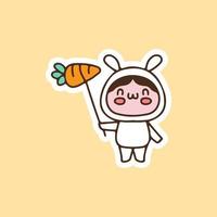 Cute kid in bunny costume holding carrot balloon cartoon doodle. illustration for t shirt, poster, logo, sticker, or apparel merchandise. vector