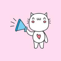 Kawaii cat holding megaphone cartoon doodle. illustration for t shirt, poster, logo, sticker, or apparel merchandise. vector