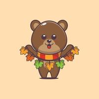 cute bear mascot cartoon illustration in autumn. vector