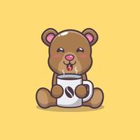 ilustración de dibujos animados de mascota de oso lindo con café caliente vector