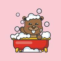 linda ilustración de dibujos animados de la mascota del castor tomando un baño de burbujas en la bañera vector