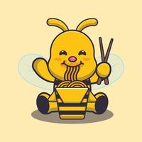 Cute bee mascot cartoon illustration eating noodle vector