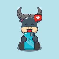 Cute buffalo mascot cartoon illustration with phone vector