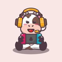 Cute cow mascot cartoon illustration playing game vector