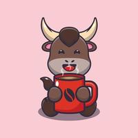 linda ilustración de dibujos animados de mascota de toro con café caliente vector