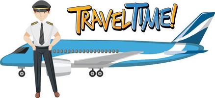 diseño de tipografía de tiempo de viaje con un piloto en estilo de dibujos animados vector