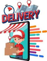 Delivery wordmark with courier on smartphone display vector