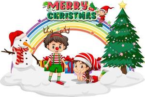 Children in Christmas costumes with Merry Christmas banner vector