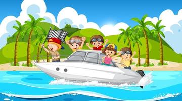 Ocean scenery with children on speedboat vector