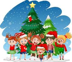 día de navidad con niños felices y árbol de navidad vector