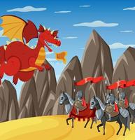 escena al aire libre medieval con caballeros luchando con dragón vector