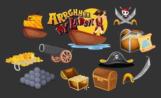 Set of pirate cartoon characters and objects vector