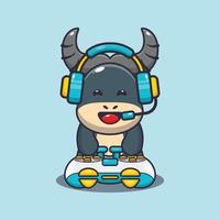 Cute buffalo mascot cartoon illustration playing game vector