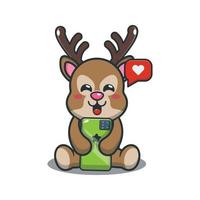 Cute deer with phone cartoon vector illustration