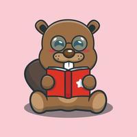 Cute beaver mascot cartoon illustration reading a book vector