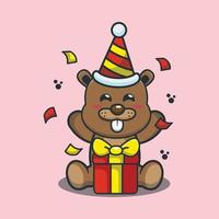 Cute beaver mascot cartoon illustration in birthday party vector