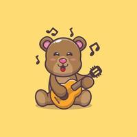 Cute bear mascot cartoon illustration playing guitar vector