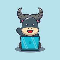 lindo, búfalo, mascota, caricatura, ilustración, con, computador portatil vector
