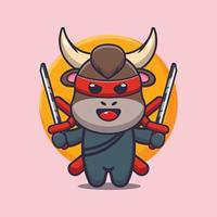 Cute ninja bull mascot cartoon illustration vector