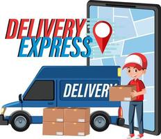 Delivery Express logotype with panel van and courier vector