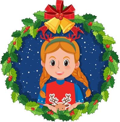 Christmas wreath border with a cute girl