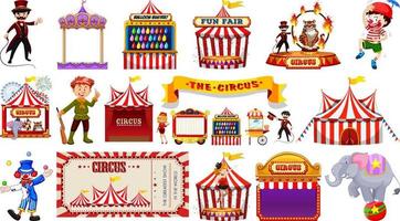 Set of circus characters and amusement park elements vector