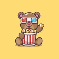 linda ilustración de dibujos animados de la mascota del oso comiendo palomitas de maíz y viendo una película en 3d vector