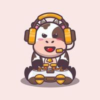 Cute cow mascot cartoon illustration playing game vector