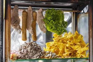 Ingredients meat products and greens THAI street food Bangkok Thailand. photo