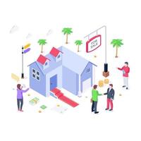 A sale house isometric vector, persons, house dealership vector