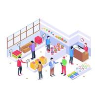 A fresh food market selling fruits and vegetables, isometric illustration vector