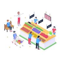 A fresh food market selling fruits and vegetables, isometric illustration vector