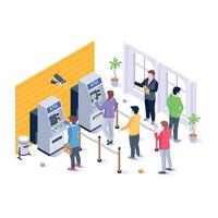 Persons with cash machines, isometric illustration of cash withdrawal vector