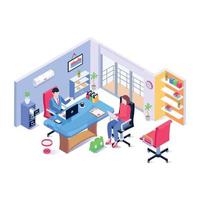 Persons working together, isometric illustration of company office vector