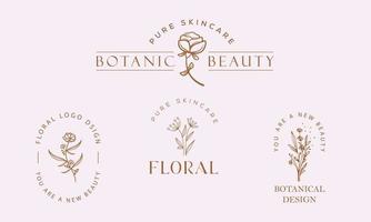 conjunto de elementos botánicos florales dibujados a mano con flores silvestres y hojas. logo para spa y salón de belleza, boutique, tienda orgánica, boda, diseñador floral, interior, fotografía, cosmética. vector