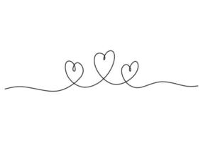 una sola línea continua de tres símbolos de corazón de amor vector