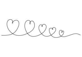 Continuous one single line of five love heart symbols vector